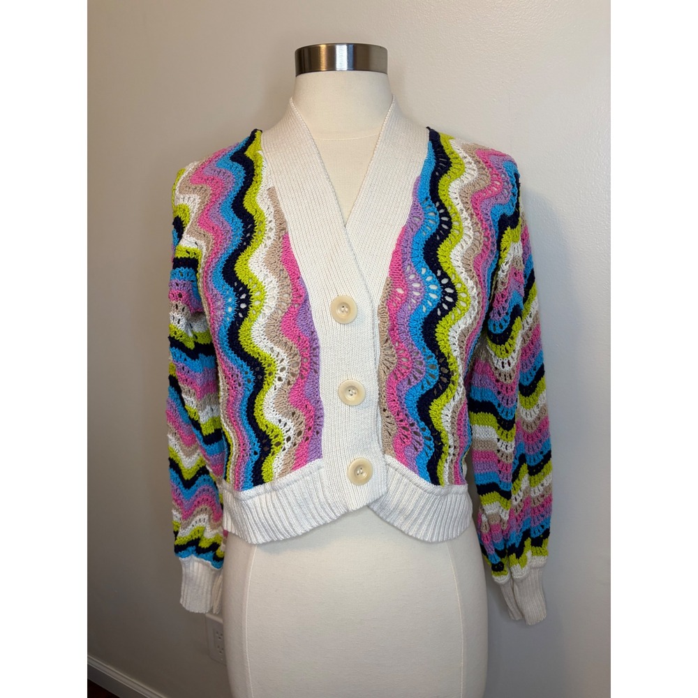 ELEVEN SIX Peruvian Cotton Crochet Chevron Cardigan Sweater Multi V-Neck XS/S